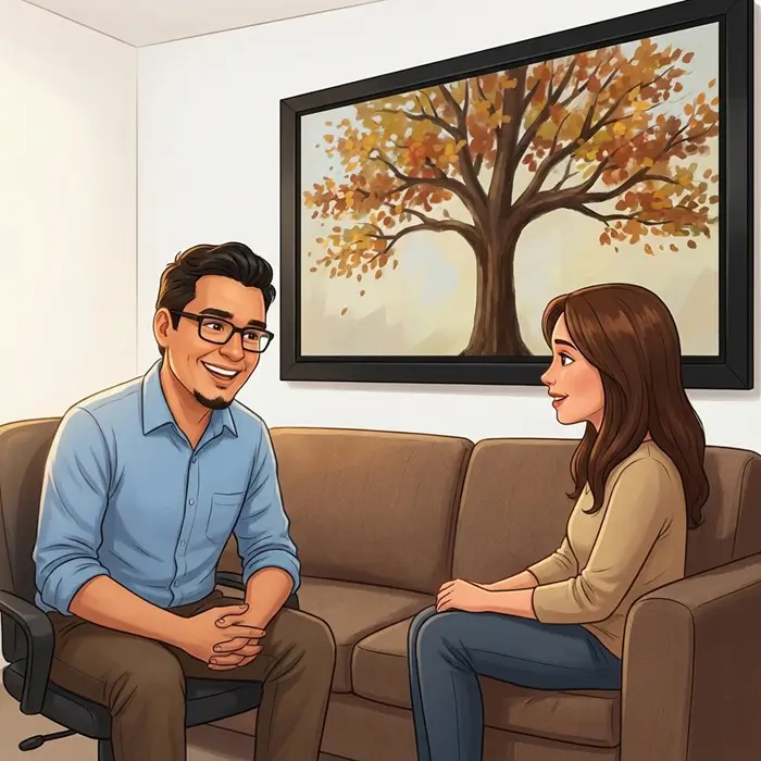 Ilustración de una sesión de terapia psicológica en Mérida donde un paciente conversa con su terapeuta sobre los beneficios del bienestar emocional