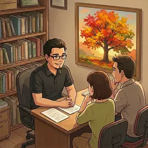 Ilustración de sesión de consulta inicial con padres de familia