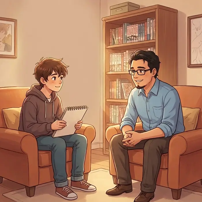 Ilustración de Psicólogo Fernando Alvarado en una sesión de terapia psicologica con un Adolescente