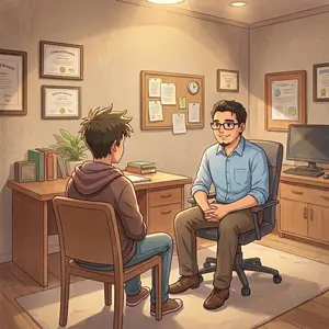Ilustración de terapia psicológica con adolescentes en espacio seguro