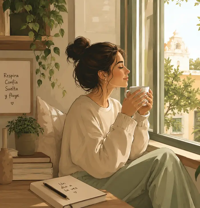 Ilustración de mujer reflexionando junto a una ventana, imagen representativa de terapia cognitivo conductual en Mérida